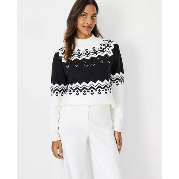 Ann Taylor Sweaters - Ann Taylor White & Black Women's Fair Isle Preppy Pullover Sweater Size XL